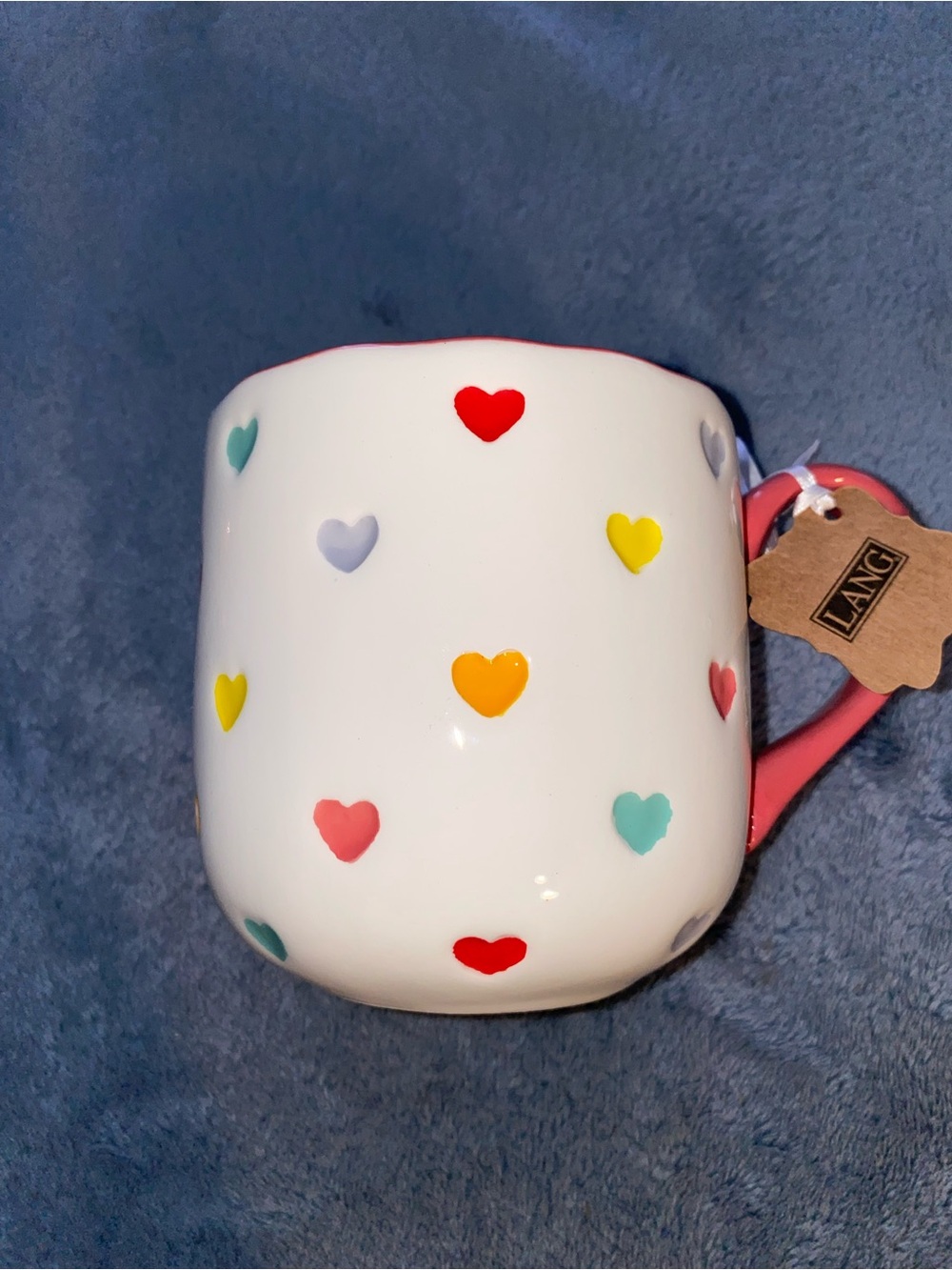 Lang NWT White Ceramic Heart Dot Mug with Multicolor Hearts